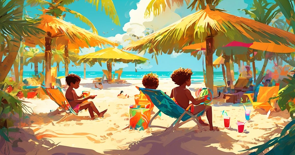 Cartoon depiction of a beach vacation at a Cancun resort