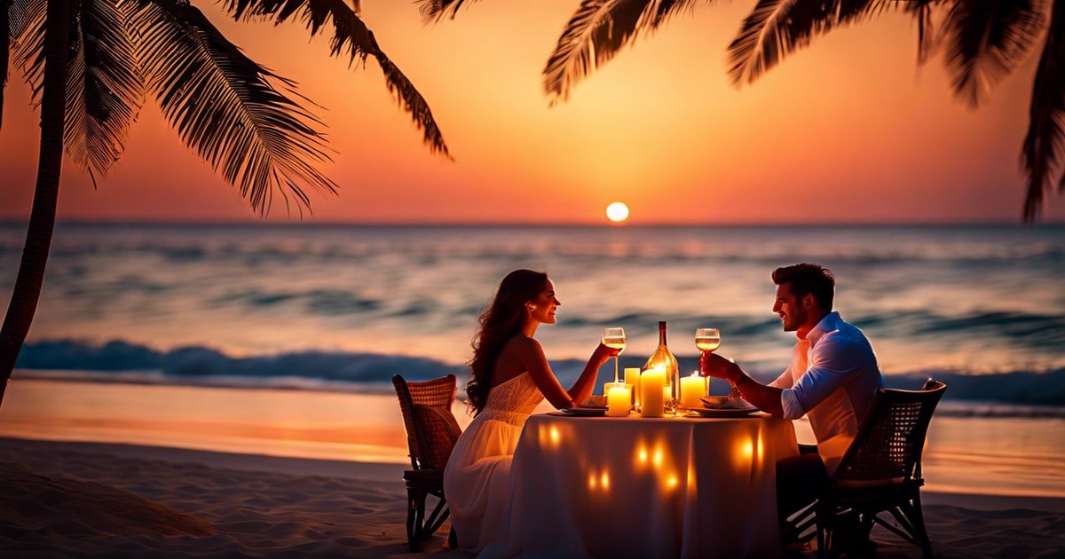 Couple having a romantic dinner on the beach in Mexico